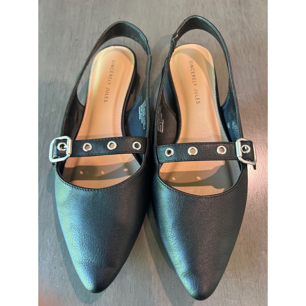 Sincerely Jules Black Pointed Toe Slingback Flats Grommet Strap PIA 7.5 M‎